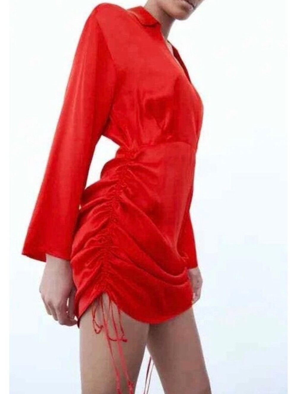 ZARA Red Satin Effect Draped Ruched Mini Dress XS 4688/303